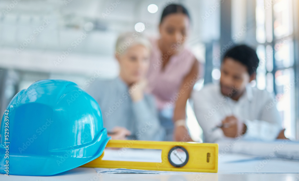 Poster ruler, helmet or architecture meeting tools or engineering equipment with architect or building desi
