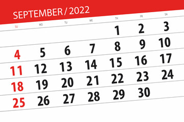 Obraz premium Calendar planner for the month september 2022, deadline day