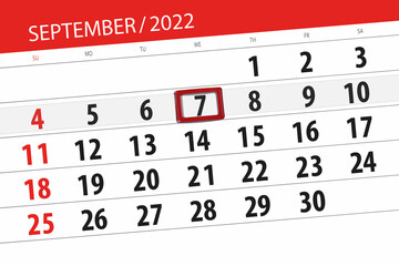 Calendar planner for the month september 2022, deadline day, 7, wednesday