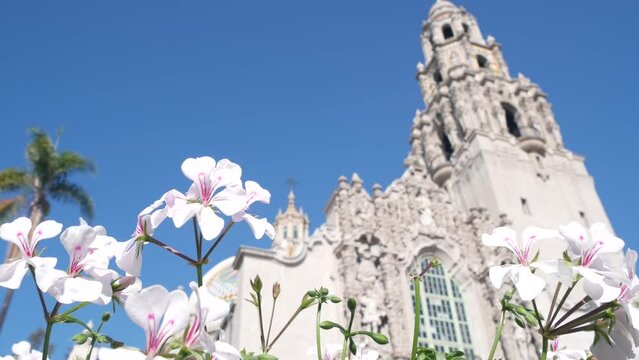 Spanish colonial revival architecture in Balboa Park, San Diego, California USA. Historic building, classic baroque or rococo romance style. Bell tower relief decor and mosaic dome or cupola. Flowers.