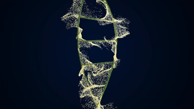 4k video of a light yellow DNA chain on a black background with yellow shining light.