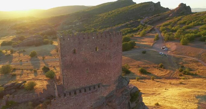 Zafra Castle At Sunset On A Summer Day In Guadalajara, Spain - aerial drone shot - Game of Thrones location