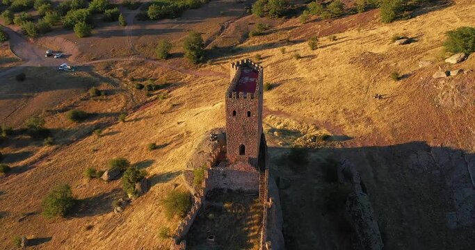 Tower Of The Castle Of Zafra In Campillo de Due&ntilde;as, Guadalajara, Spain  - Game of Thrones location - aerial drone shot