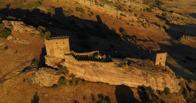 Aerial View Of Castillo de Zafra During Sunset In Guadalajara, Spain - drone shot - Game of Thrones location