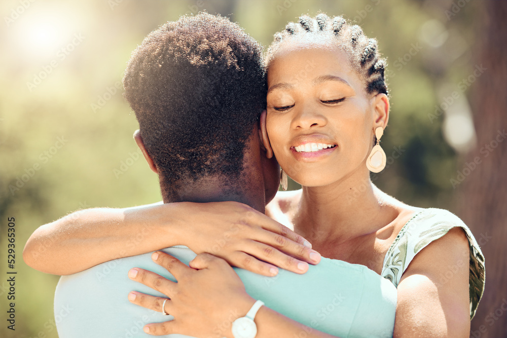 Sticker Love, relax and happy couple hug in nature for a save the date wedding announcement. Young man and woman happiness from Jamaica in the summer sunshine to show romance, trust and romantic partnership