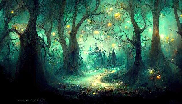 Magical fairy tale forest at night with glowing fairy fireflies lights creating a mystical spooky fantasy landscape of halloween woods that you might see in a dream or nightmare © Rick