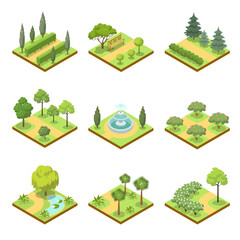 Public park isometric 3D set. Flower bed, pool with water, lawn with green grass and decorative trees, park roads and benches vector illustration. Nature map elements for parkland landscape design. - obrazy, fototapety, plakaty