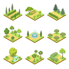 Public park isometric 3D set. Flower bed, pool with water, lawn with green grass and decorative trees, park roads and benches vector illustration. Nature map elements for parkland landscape design.