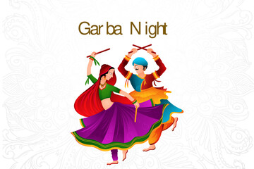 Garba Night poster for Navratri Dussehra festival of India, couple playing Dandiya dance. Vector Illustration.
