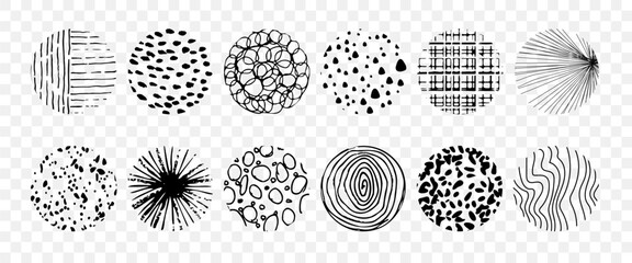 Hand drawn abstract circle sketch set. Vector circular scribble doodle. Backgrounds in the form of a circle of spots, lines, splashes, stripes and dots, on a transparent background