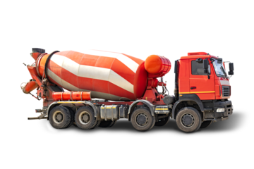 Concrete mixer truck isolated. Loading concrete mixer truck. close-up. Delivery of concrete to the construction site. Monolithic concrete works.
