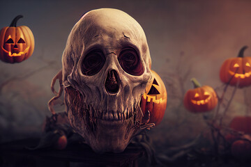 scary halloween skeleton with pumpkins. High quality 3d illustration