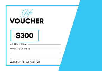 300 Dollar discount for shopping template design isolated on sky blue and white background. Special offer gift voucher template to save money. Gift certificates, coupon code, gift cards, tickets.