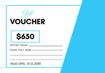 650 Dollar discount for shopping template design isolated on sky blue and white background. Special offer gift voucher template to save money. Gift certificates, coupon code, gift cards, tickets.