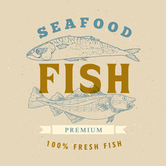 Obraz premium Seafood label template on a dark background. Fish vintage illustration for the menu of fish restaurants, markets and shops in the style of an old worn engraving.