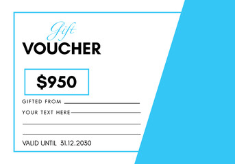 950 Dollar discount for shopping template design isolated on sky blue and white background. Special offer gift voucher template to save money. Gift certificates, coupon code, gift cards, tickets.