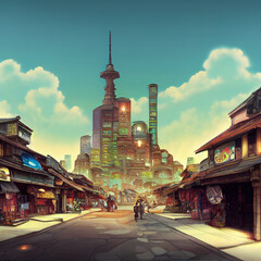 Fototapeta na wymiar futuristic anime style city. High quality 3d illustration