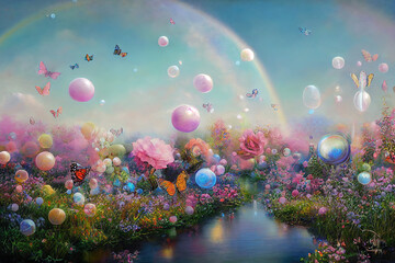 landscape enchanted garden filled with butterflies and pastel prism cocoons. High quality 3d illustration