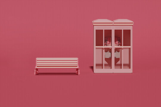 British traditional pink telephone booth, symbol, web banner or template. Payphone and park bench on pastel color background, minimal style conceptual background. 3d rendering. Creative composition.
