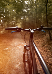 Naklejka na ściany i meble Mountain biker riding on flow single track trail in green forest, POV behind the bar's view of the cyclist. POV MTB riding in the woods. Outdoors active sports concept.