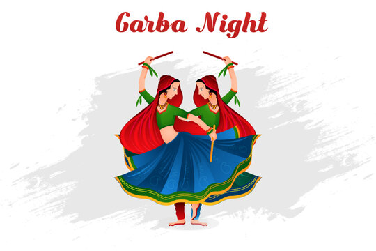 Garba Night poster for Navratri Dussehra festival of India, couple playing Dandiya dance. Vector Illustration.
