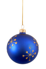 Blue christmas tree ball or bauble with snowflake pattern isolated hanging on chain transparent...