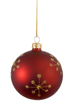 Red christmas tree ball or bauble with gold snowflake pattern hanging on chain isolated transparent background photo PNG file