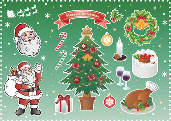 12月　クリスマス　飾り　ツリー　サンタクロース　ローストチキン　ケーキ　イラスト　セット