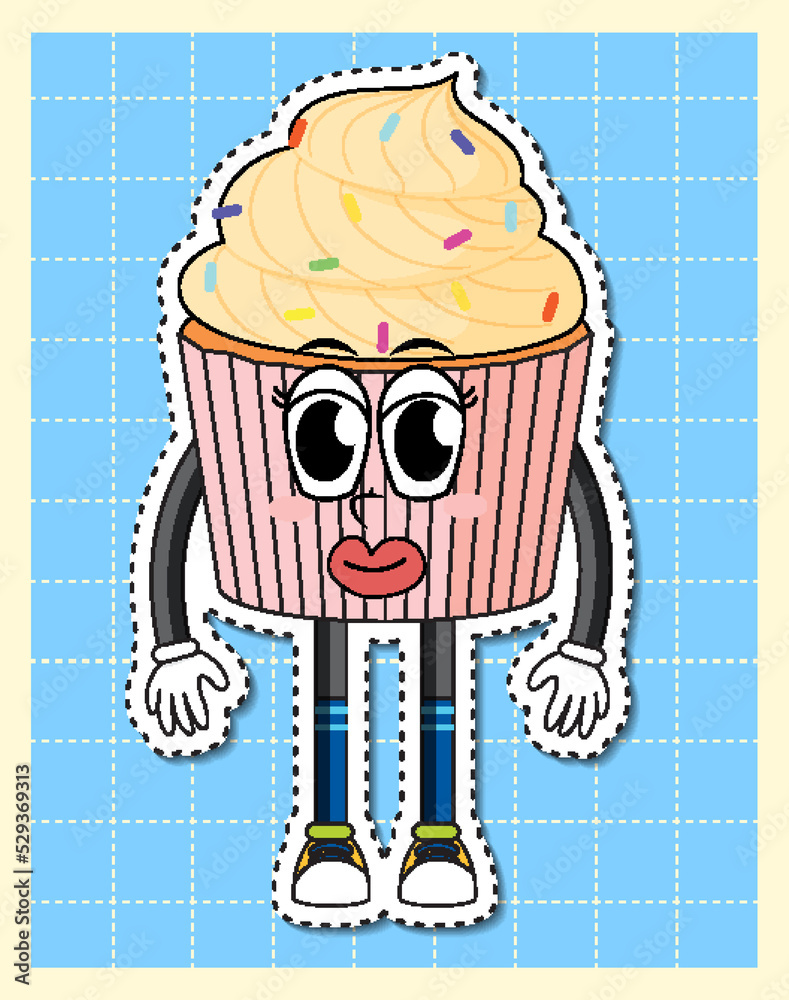 Poster Cute cupcake cartoon character on grid background