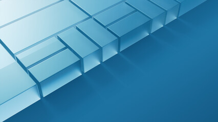 Acrylic Blocks on a Blue Surface. Futuristic Tech Aesthetic with copy space. 3D Render.
