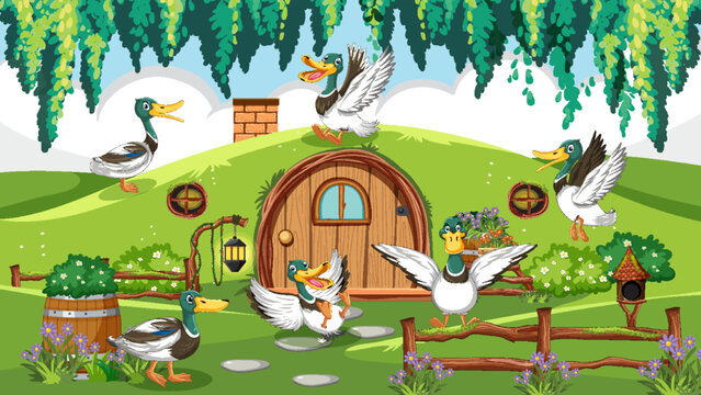 Outdoor scene with cartoon ducks