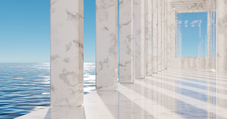 3d rendering. Marble structure with columns against the backdrop of the ocean in sunlight.