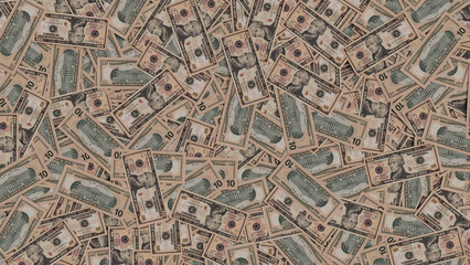 Ten Dollar Bills. Banking concept Background with Scattered Cash.