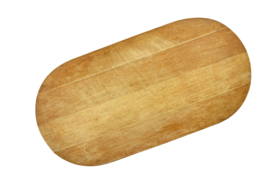 Top view of isolated empty wooden cutting board. PNG file with transparent background.