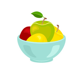 Apples in bowl isolated on white. Vector flat illustration of fresh fruits. Red, green and white apples. Food icon.	