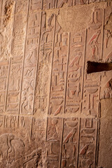 Beautiful mural, hieroglyphs inside the temple of Hatshepsut. Jeser-Jeseru is a masterpiece of...