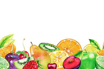 Watercolor garden fruits, seamless border, hand drawn