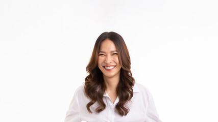 Asian woman, professional entrepreneur standing in white shirt, smiling and looking confident, isolated on white background. - obrazy, fototapety, plakaty