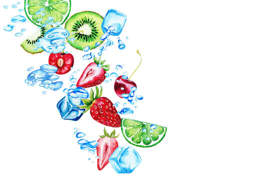 Fresh watercolor strawberries, qiwi slices and cherries