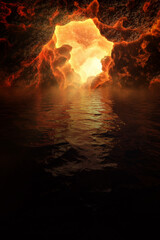 Fantastic volcano cave on the shore. 3d Illustration