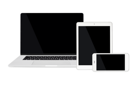 Set of isolated modern mobile technology devices template for responsive design presentation. PNG file with transparent background.