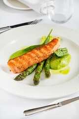 salmon steak with green asparagus