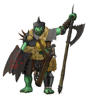 Fantasy creature - orc warrior. Fantasy illustration. Goblin with ax drawing.