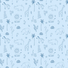Beautiful seamless baby pattern with cute hand drawn safari elephant lion giraffe toucan zebra monkey flamingo rhino parrot snake jaguar animals. Stock illustration.
