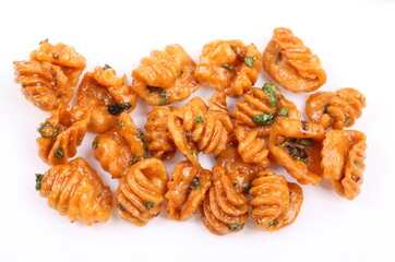 thai dessert called krong-krang-krob or crispy pastry isolated on white background