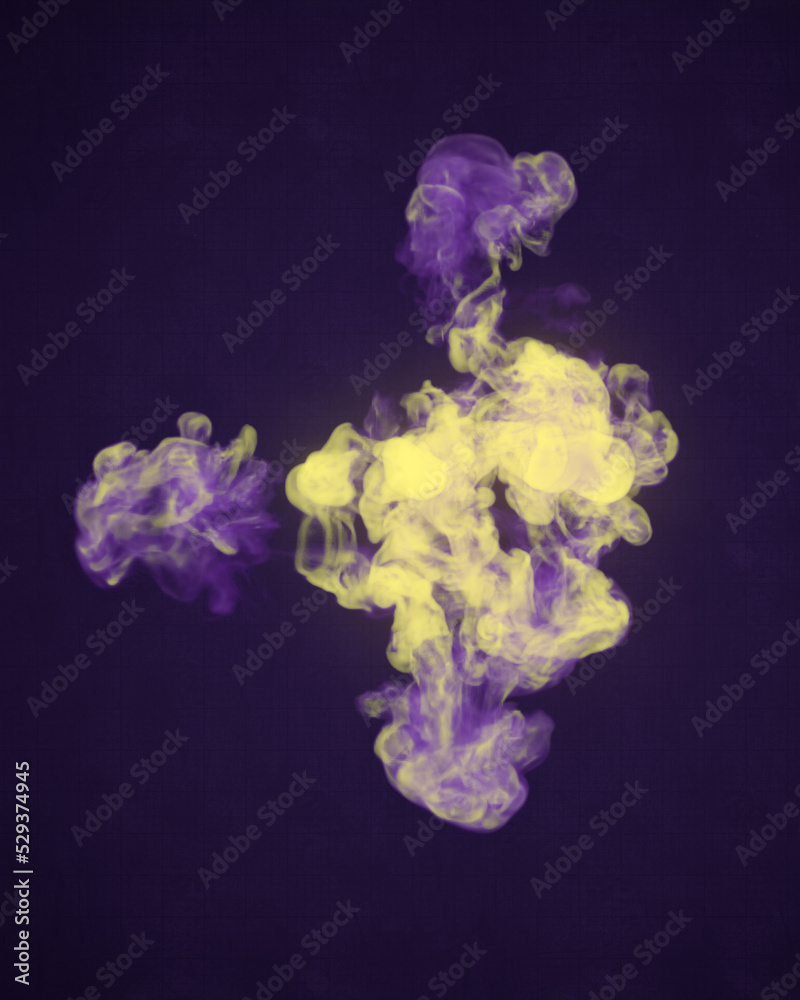 Aufkleber Yellow and violet colored explosion on old scratched surface. Abstract digital illustration. Glow effect. 3d rendering