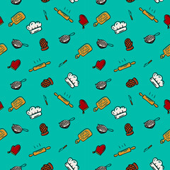 Kitchen accessories seamless pattern. Utensil, cooking background. Print for packaging, fabrics or wallpapers, textiles.
