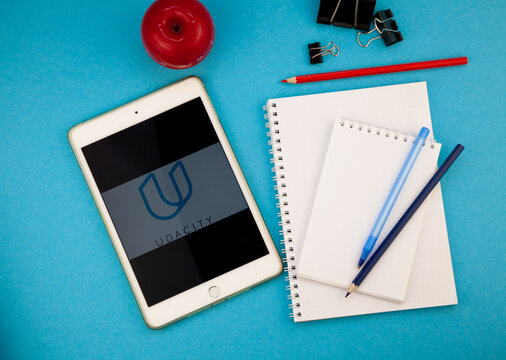 Kyiv, Ukraine - March 31, 2020: UDACITY page site app on mobile phone, for online courses, online education. UDACITY is online learning platform and teaching marketplace