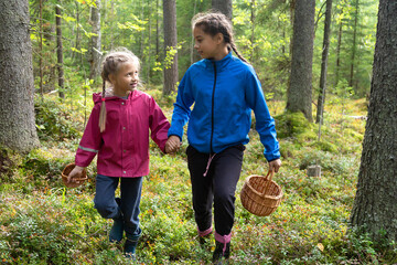 Two little girls carrying wicker baskets for gathering mushrooms and berries walking in a forest in...