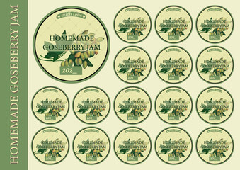 Label for homemade jam. Gooseberry jam packaging. Vector gooseberry.